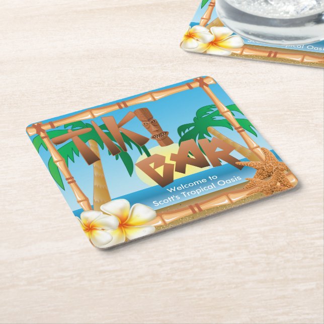 Tiki Bar Personalise Tropical Oasis Square Paper Coaster (Angled)