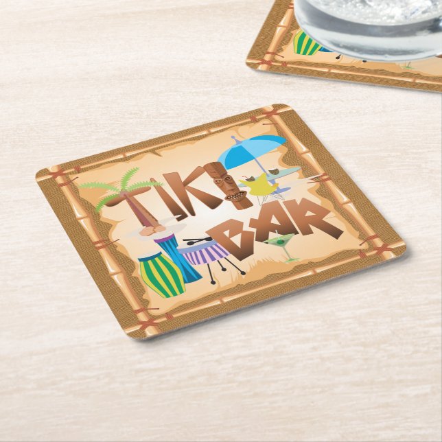 Tiki Bar Square Paper Coaster (Angled)