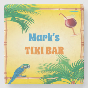 Tiki Bar with Parrots Drinks and Custom Name  Stone Coaster