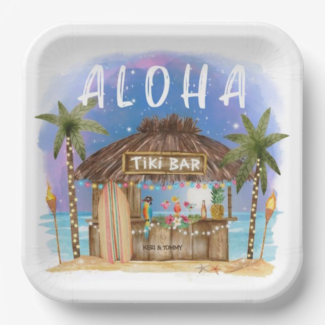 Tiki Beach Bar Tropical Aloha Surf & Sea Paper Plate (Front)