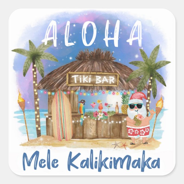 Tiki Beach Bar | Tropical Mele Kalikimaka Santa Square Sticker (Front)