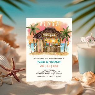 Tiki Beach Bar   Tropical Sunset Sea Baby Shower Invitation