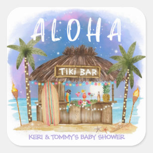 Tiki Beach Bar Tropical Surf & Sea Baby Shower Square Sticker