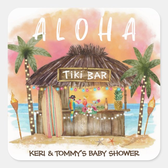 Tiki Beach Bar Tropical Surf & Sea Baby Shower Square Sticker (Front)