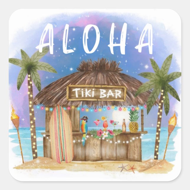 Tiki Beach Bar Tropical Surf & Sea  Square Sticker (Front)