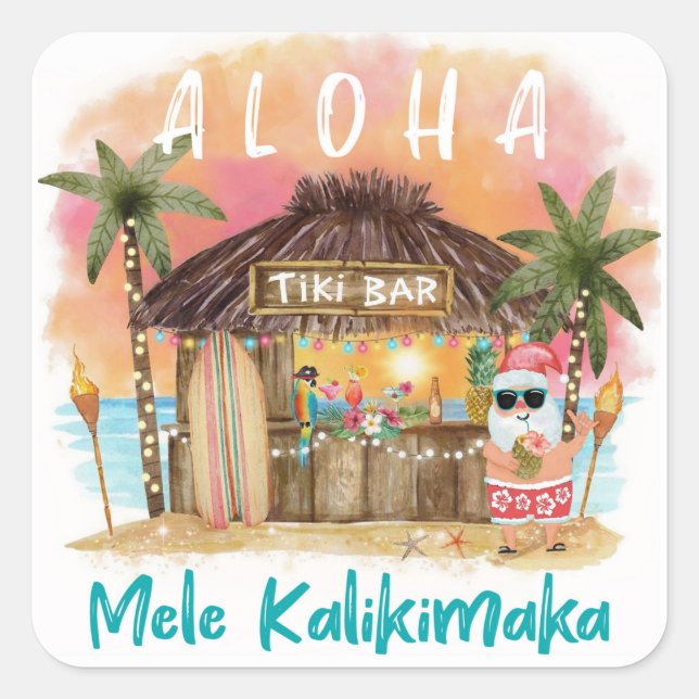 Tiki Beach Tropical Sunset Mele Kalikimaka Santa Square Sticker (Front)