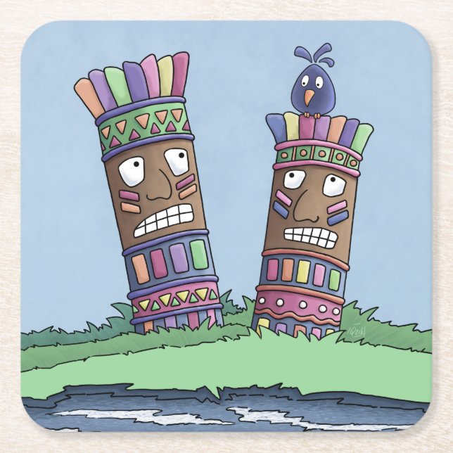 Tiki Bird Plum Square Paper Coaster (Front)
