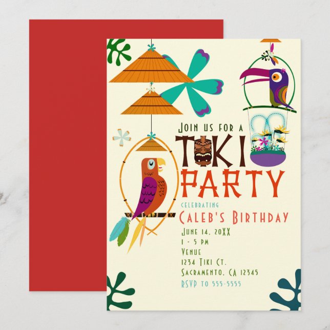 Tiki Birds Birthday Party Vintage Luau Invitations (Front/Back)