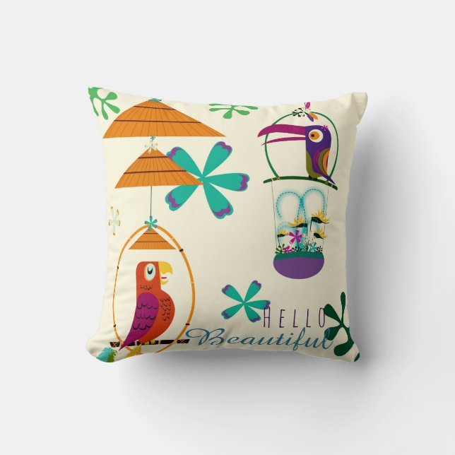 Tiki Birds Vintage Retro Art Personalised Custom Cushion (Front)
