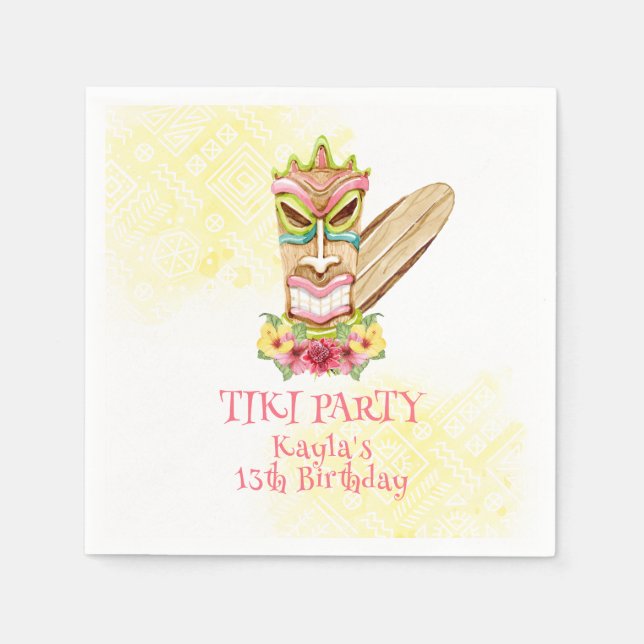 Tiki God and Floral Luau Birthday Party Napkins (Front)