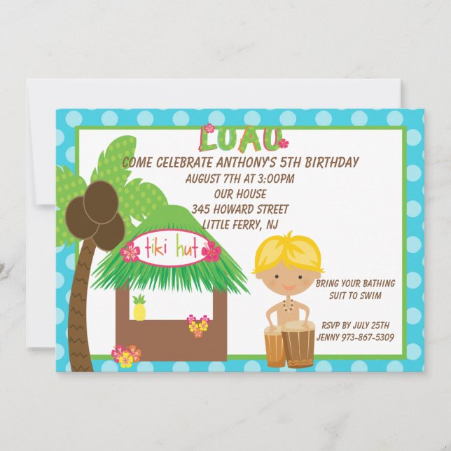 Tiki Hut Blue Boys Birthday Invitation (Front)