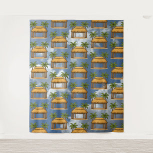 Tiki Hut Cartoon against Clouds Tapestry