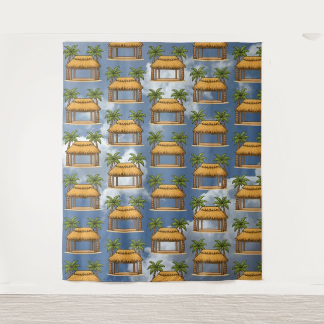 Tiki Hut Cartoon against Clouds  Tapestry (Front)