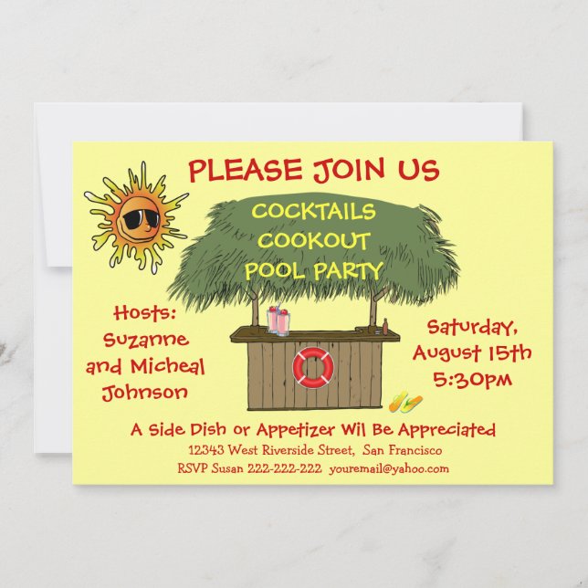 Tiki Hut Cocktail Cookout Beach or Pool Party Invitation (Front)