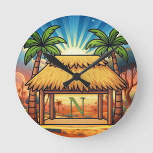 Tiki Hut Mongram Personalised Round Clock