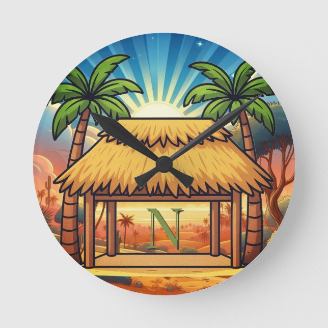 Tiki Hut Mongram Personalised  Round Clock (Front)