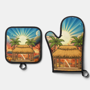 Tiki Hut Sunrise Monogram Personalised Oven Mitt & Pot Holder Set