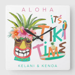 Tiki Luau   Aloha Tropical Beach Tiki Bar Square Wall Clock