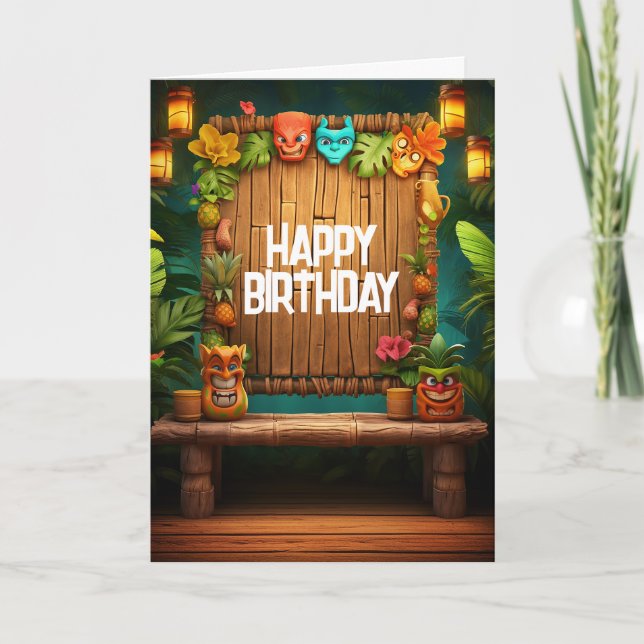 Tiki Luau Hawaiian Tropical Island Beach Birthday Card (Front)