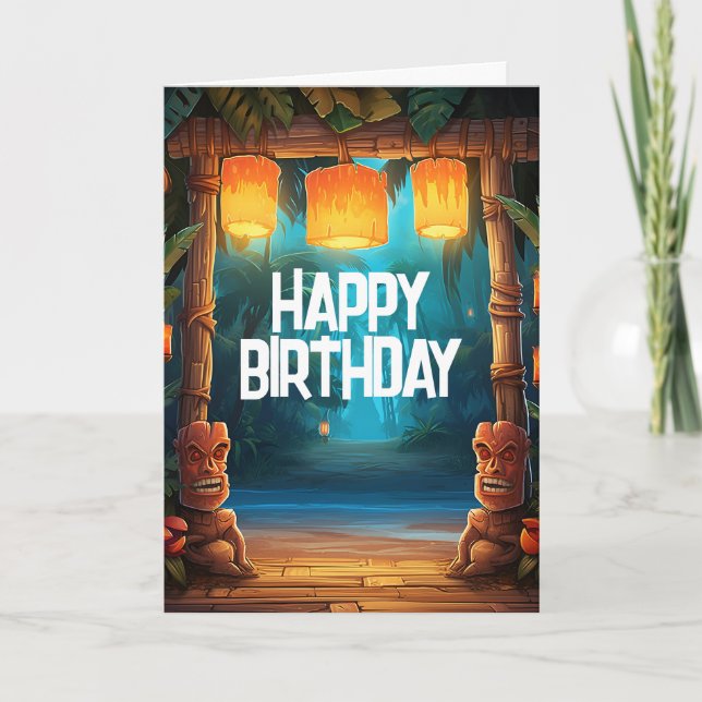 Tiki Luau Hawaiian Tropical Island Beach Birthday Card (Front)