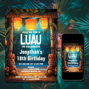 Tiki Luau Hawaiian Tropical Island Beach Birthday Invitation