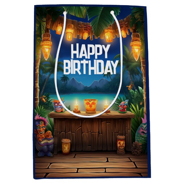 Tiki Luau Hawaiian Tropical Island Beach Birthday Medium Gift Bag (Front)
