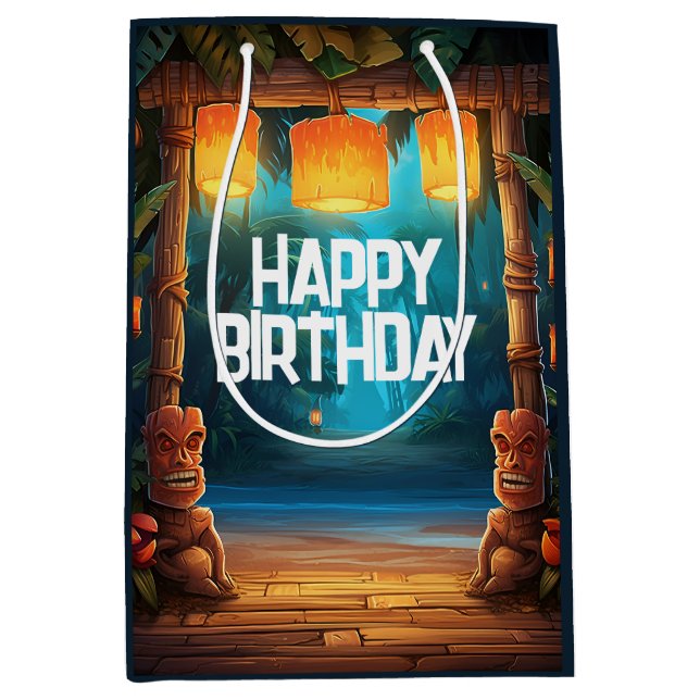 Tiki Luau Hawaiian Tropical Island Beach Birthday Medium Gift Bag (Front)