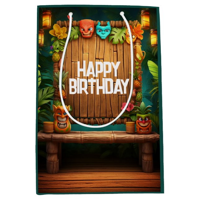 Tiki Luau Hawaiian Tropical Island Beach Birthday Medium Gift Bag (Front)