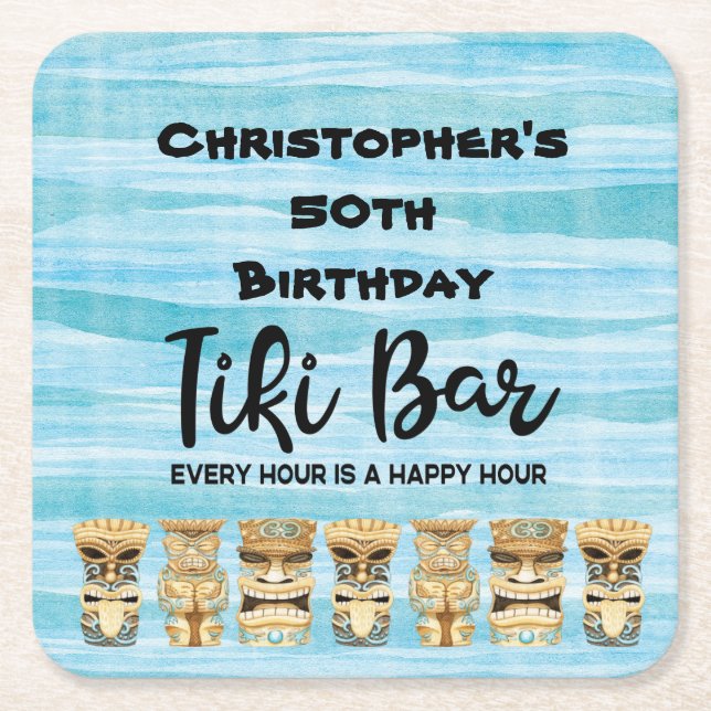 Tiki Luau Island Beach Birthday Square Paper Coaster (Front)