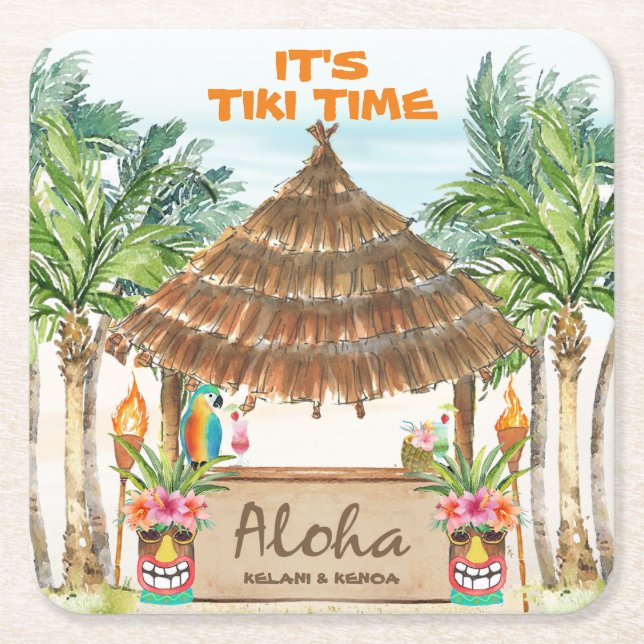 Tiki Luau | Tropical Beach Aloha Square Paper Coaster (Front)