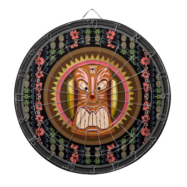 Tiki Mask Hibiscus Pattern Dartboard With Darts (Front)