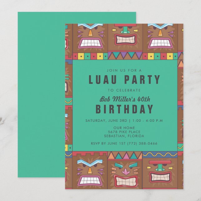 Tiki Mask Luau 40th Birthday Party Invitation (Front/Back)