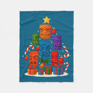 Tiki Mask Luau Christmas Tree Hawaiian Xmas Hat Ha Fleece Blanket
