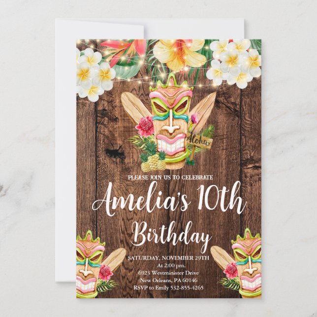 Tiki Mask Party, Aloha, Luau Birthday,Tropical Invitation (Front)