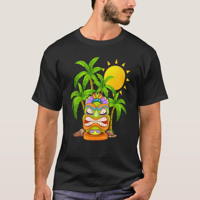 Tiki Mask Polynesian Palm Trees Hawaiian Totem Lua T-Shirt (Front)