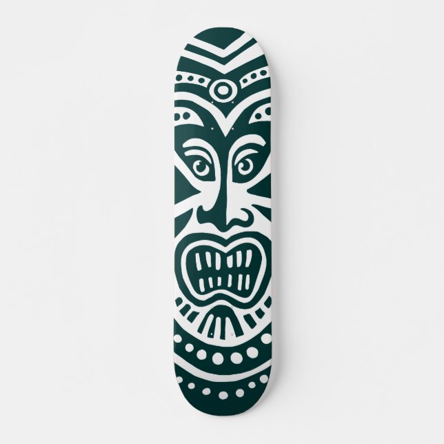 Tiki Mask Style - Dark Green on White (Retro) Skateboard (Front)