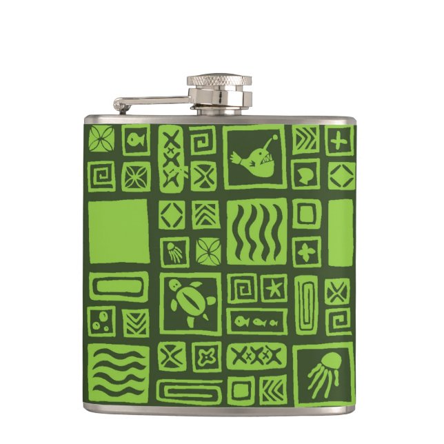 Tiki Pattern Hip Flask (Front)