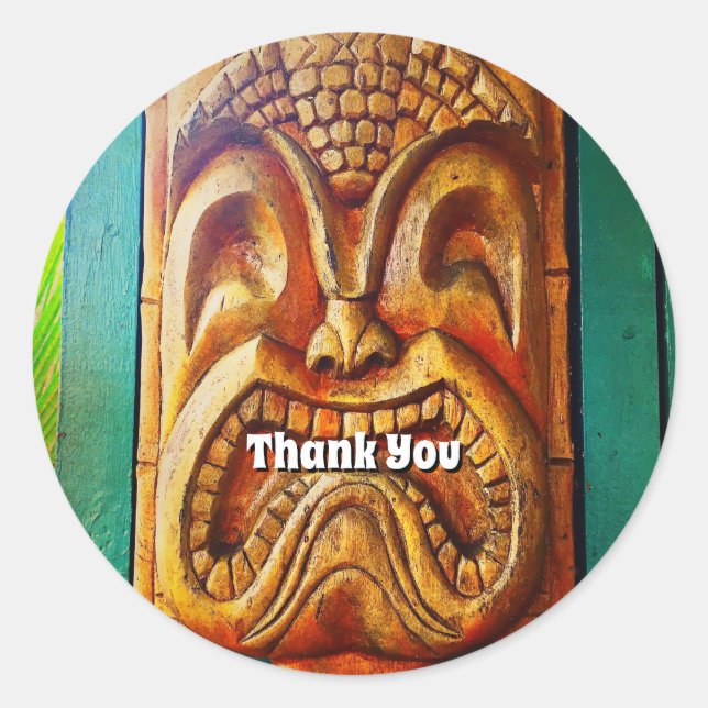 Tiki Thank You Fun Cool Hawaii Tropical Wood Face Classic Round Sticker (Front)