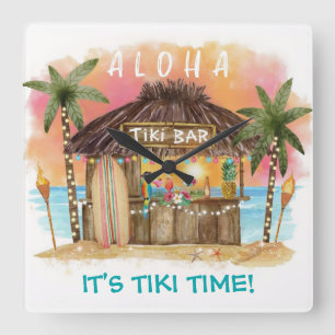 Tiki Time Tropical Beach Bar Surf & Sea Square Wall Clock