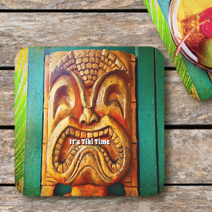 Tiki Time Vintage Hawaii Tropical Fierce Wood Face Square Paper Coaster