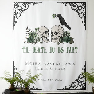 Til Death Black and White Skulls and Green Roses Tapestry