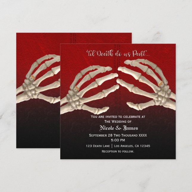 Til Death Blood Red Skeleton Gold Wedding Marriage Invitation (Front/Back)