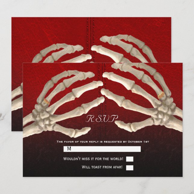 Til Death Blood Red Skeleton Gold Wedding RSVP Invitation (Front/Back)