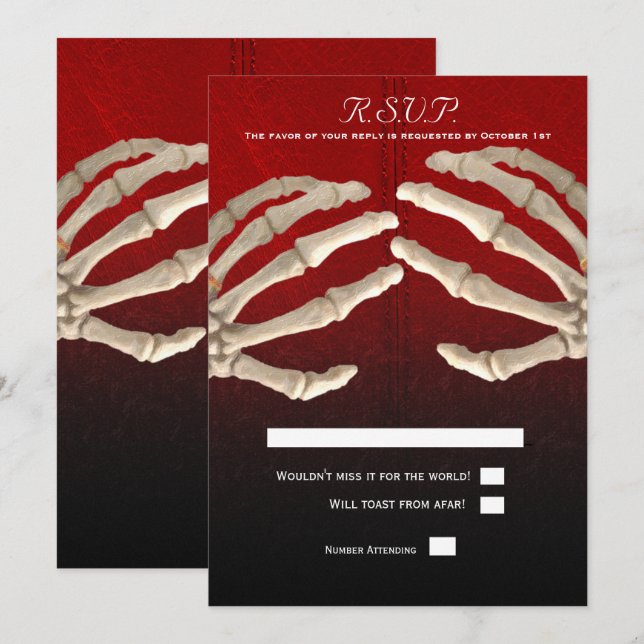 Til Death Blood Red Skeleton Gold Wedding RSVP Invitation (Front/Back)
