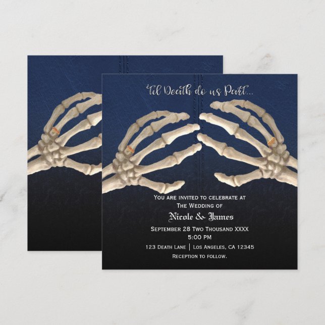 Til Death Do Blue Skeleton Gold Wedding Marriage Invitation (Front/Back)