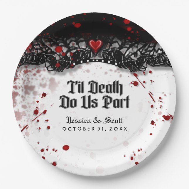 Til Death Do Us Part Blood Splatter Names Wedding Paper Plate (Front)