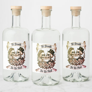 Til Death Do Us Part: Bride & Groom Skeleton Liquor Bottle Label