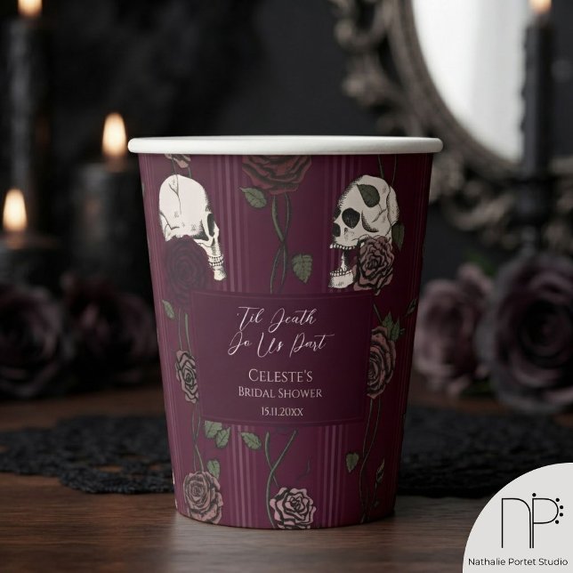 ’Til Death Do Us Part Burgundy Gothic Wedding Paper Cups (Hand-drawn skull and rose gothic wedding cups in deep burgundy for alternative bridal celebrations.)