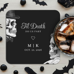 Til Death Do Us Part Gothic Skulls Black Wedding Square Paper Coaster