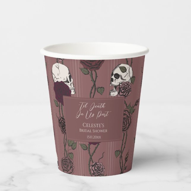 ’Til Death Do Us Part Mauve Pink Gothic Wedding Paper Cups (Front)